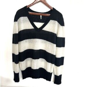 Skaist Taylor Women's Black/Ivory Striped V-Neck Mohair Blend Relaxed Sweater  M